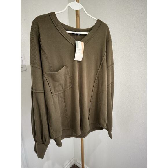 BTFBM Women Casual Long Sleeve V Neck Blouses Loose Fit Side Split Sz L New - Picture 2 of 7